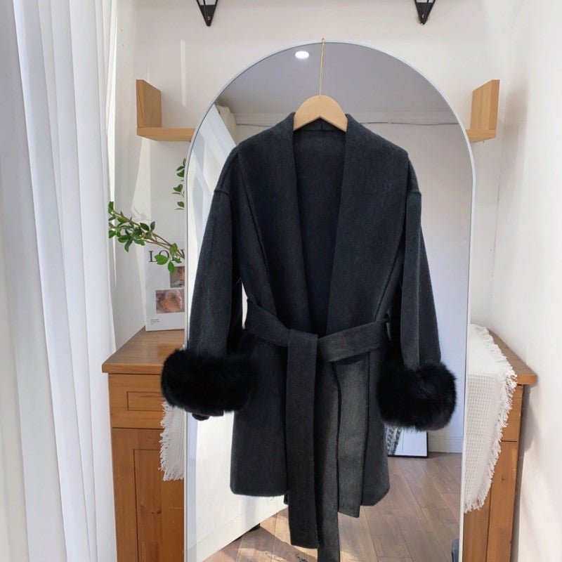 Fur-Cuff Wool Lapel Coat