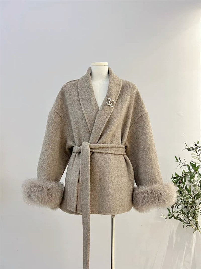 Fur-Cuff Wool Lapel Coat