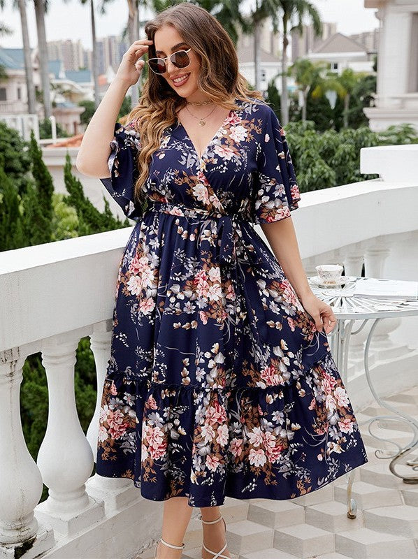Navy Floral High-Waist Dress