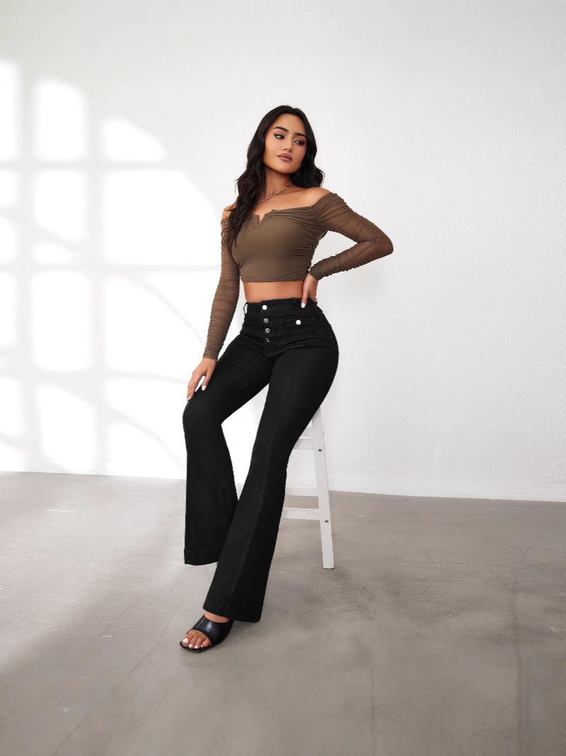 Spring Slim Button Flare Jeans