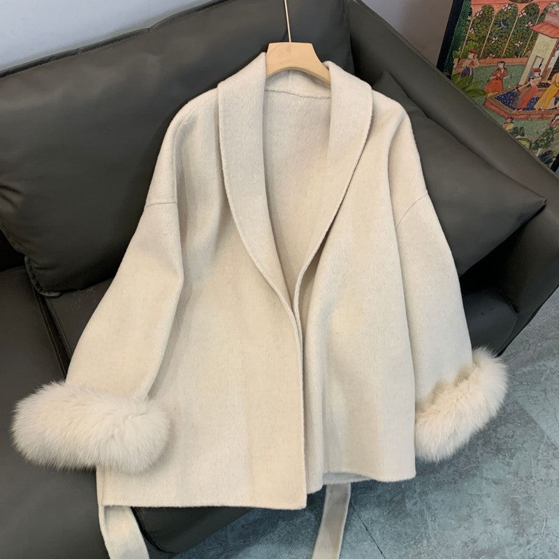 Fur-Cuff Wool Lapel Coat