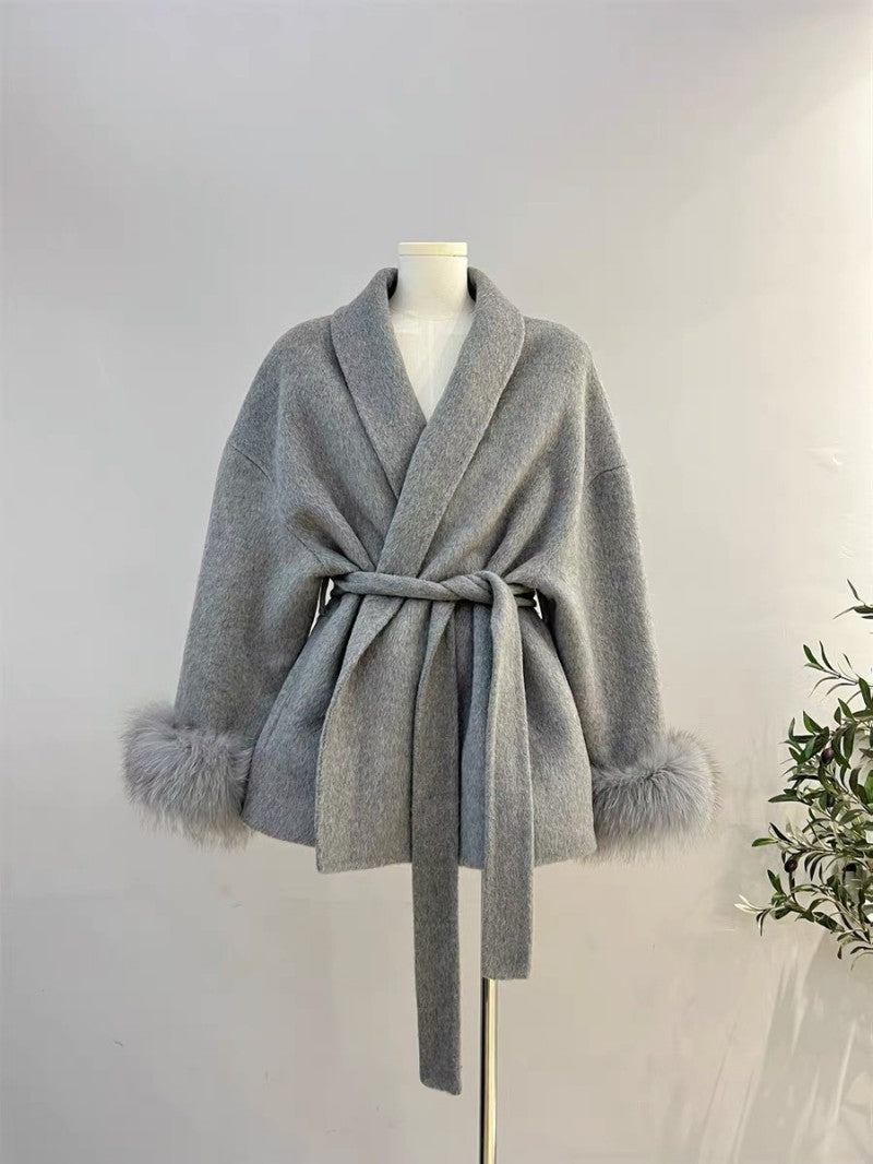 Fur-Cuff Wool Lapel Coat