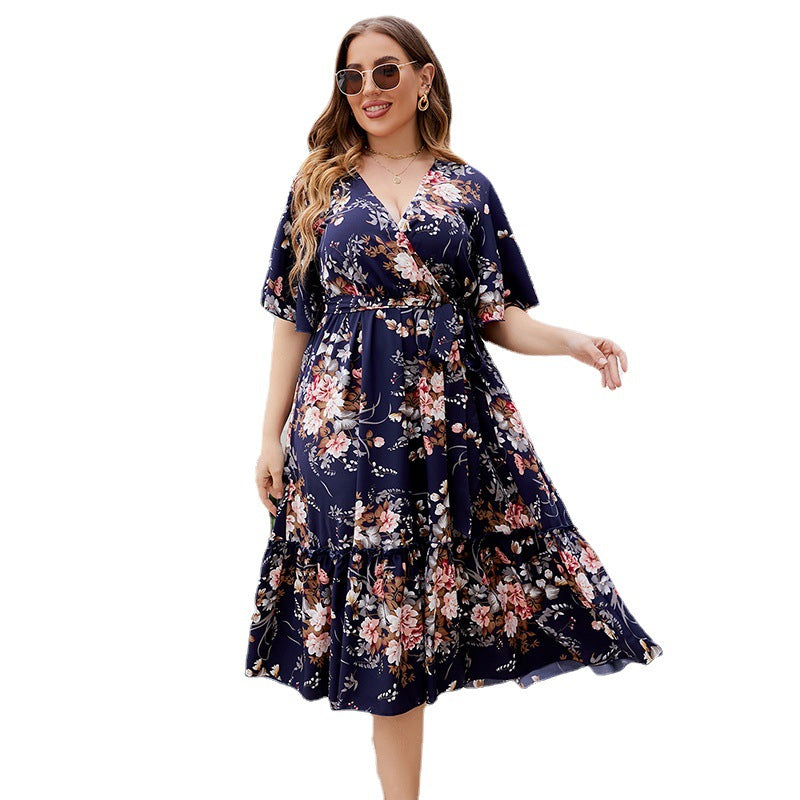 Navy Floral High-Waist Dress