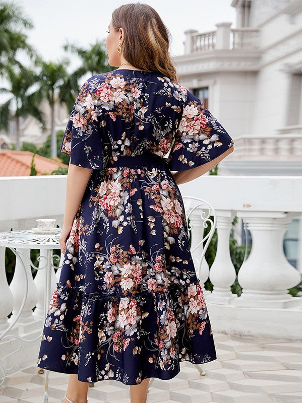 Navy Floral High-Waist Dress