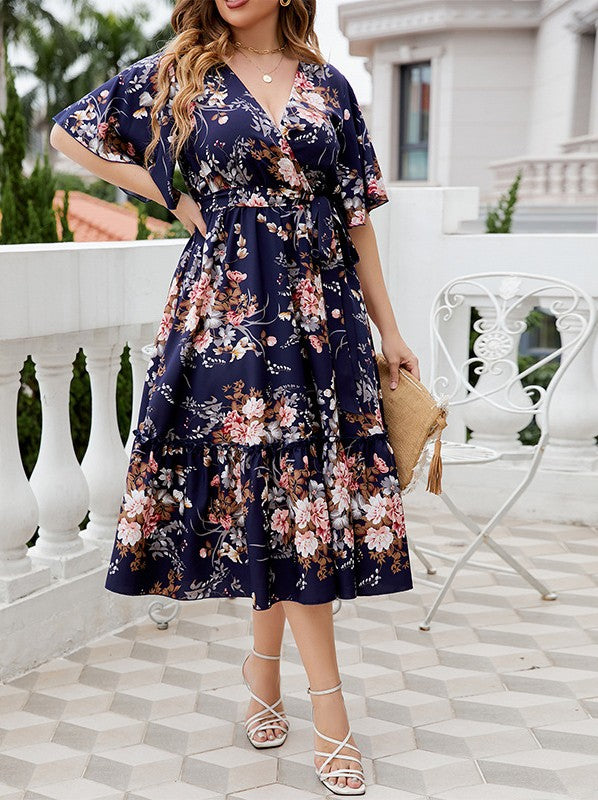 Navy Floral High-Waist Dress