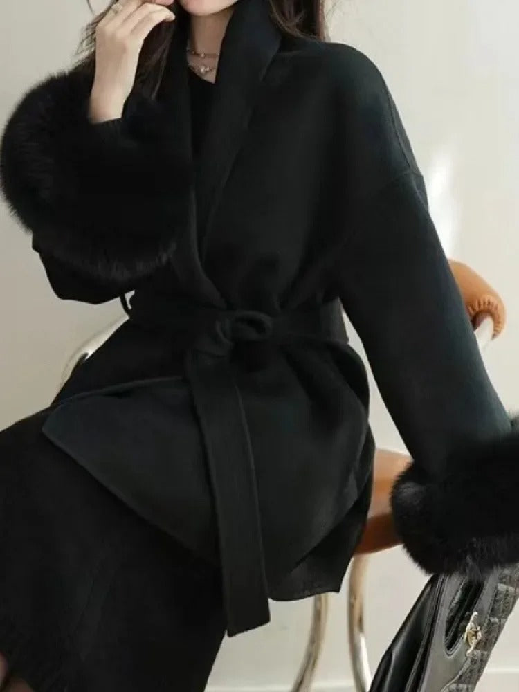 Fur-Cuff Wool Lapel Coat