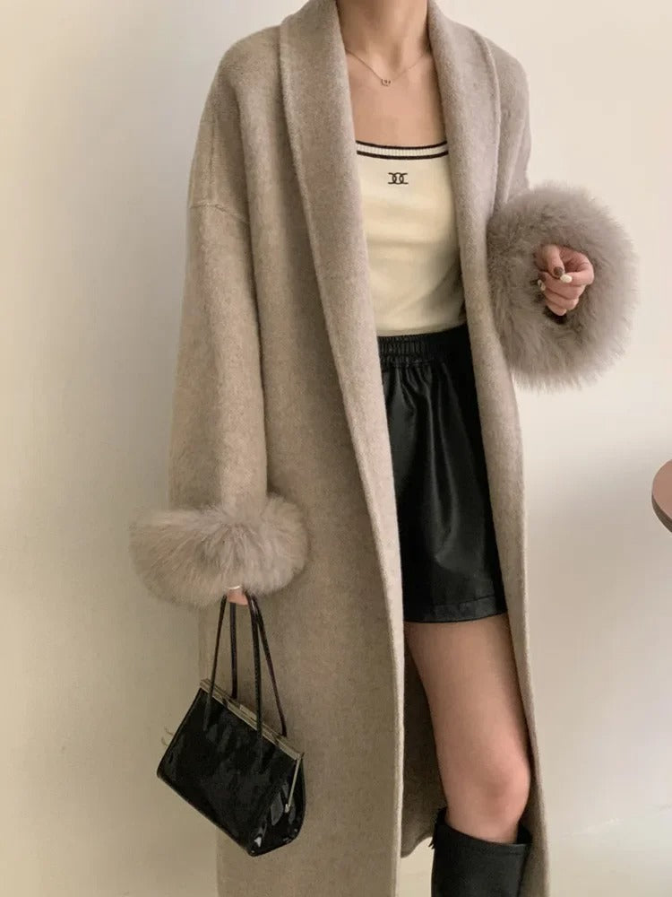 Fur-Cuff Wool Lapel Coat