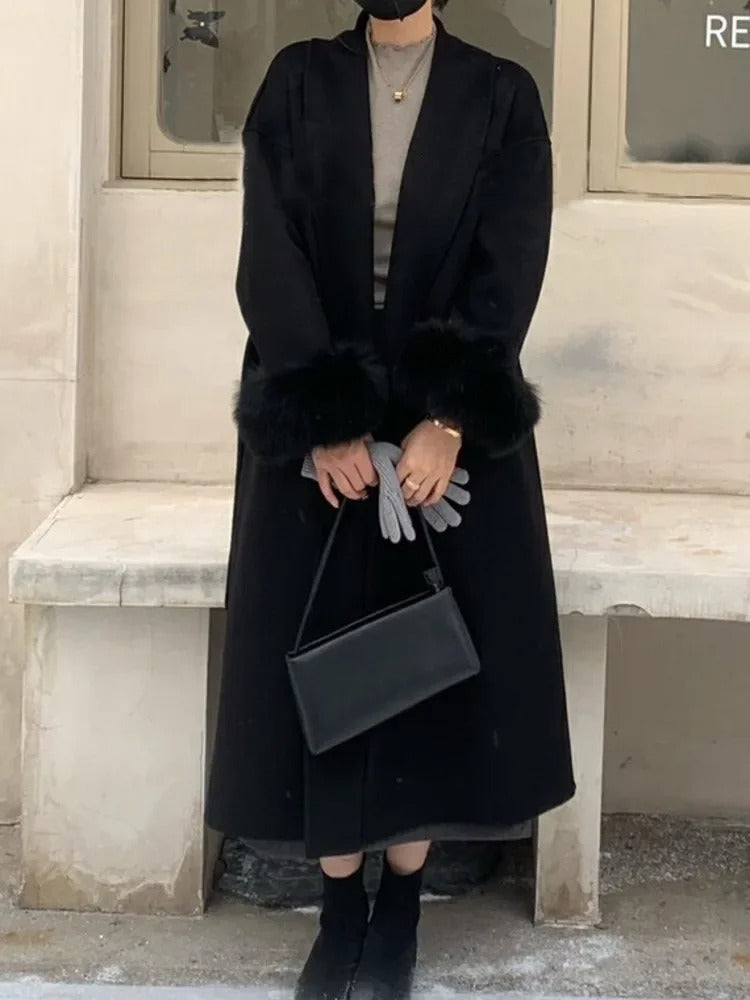 Fur-Cuff Wool Lapel Coat
