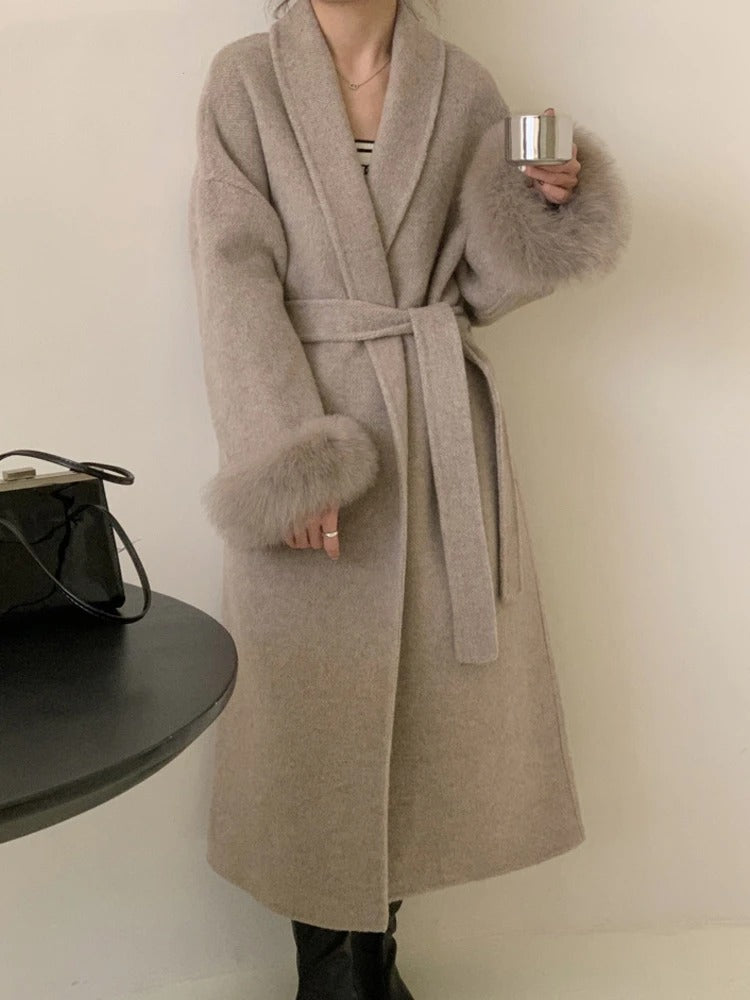 Fur-Cuff Wool Lapel Coat