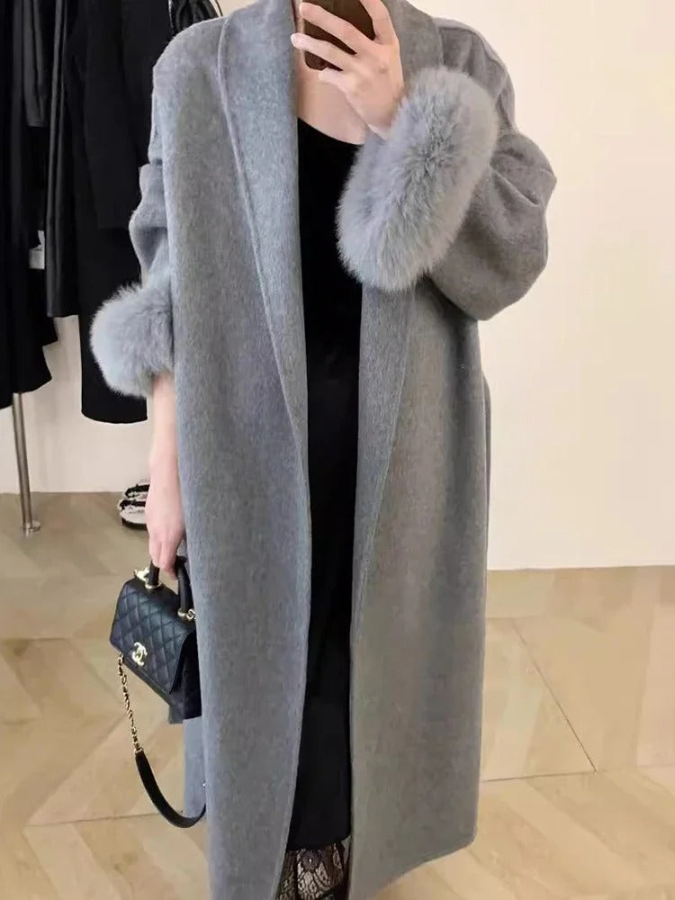 Fur-Cuff Wool Lapel Coat